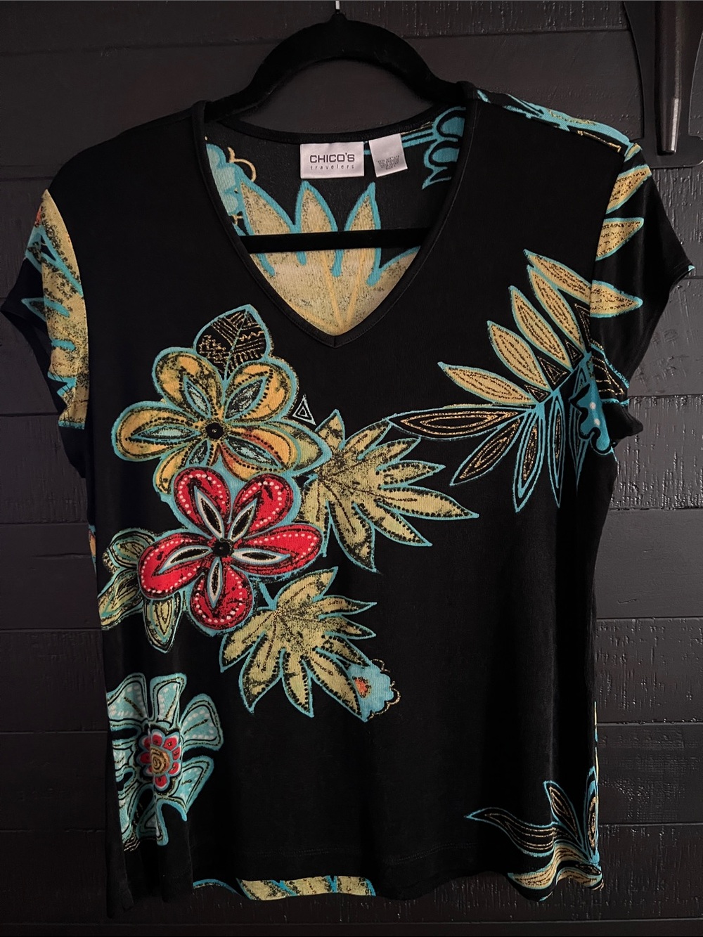 Chico's Black V-Neck Floral Tee with Turquoise, Yellow & Red Accents